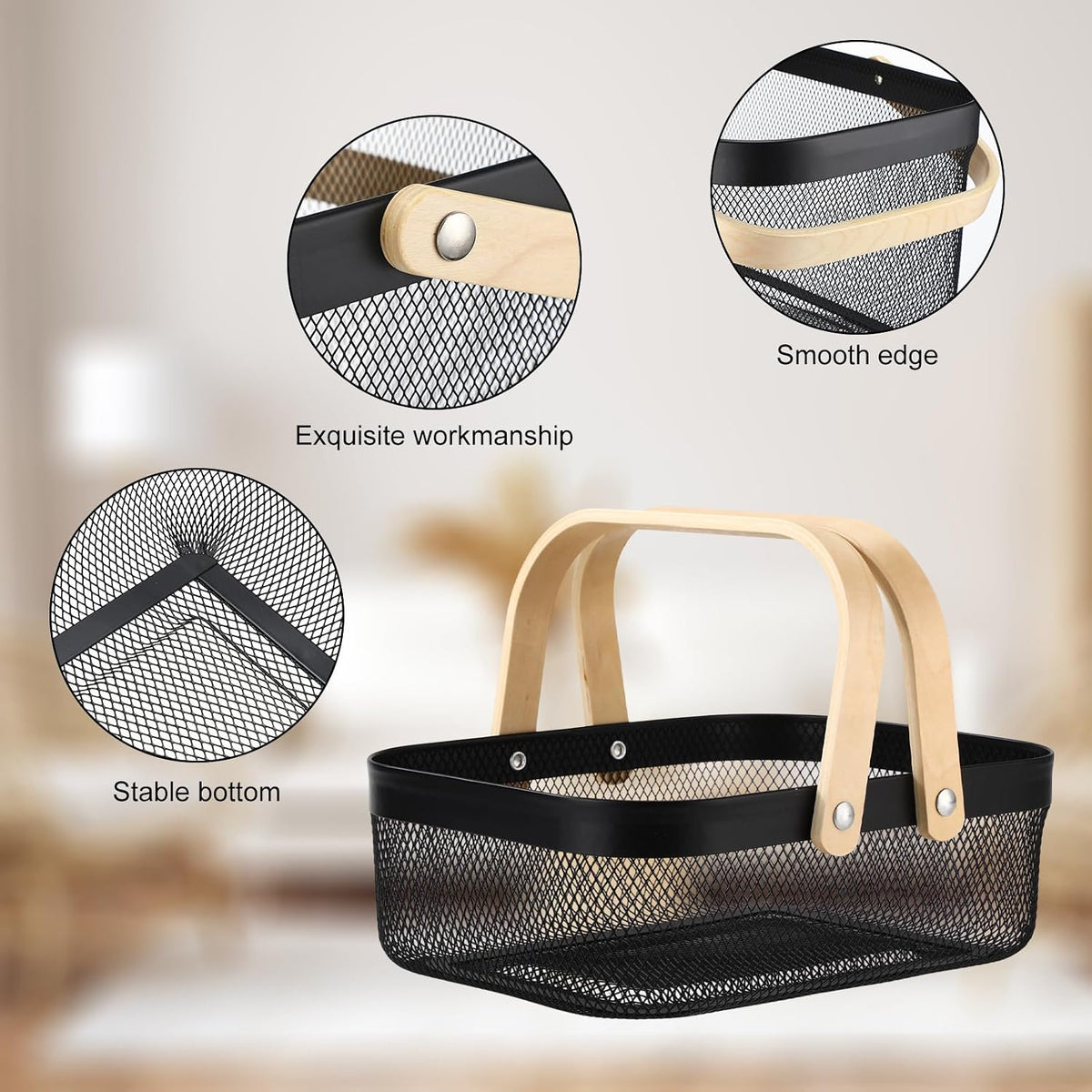 Sadnyy 2 Pcs Black Metal Wire Storage Basket with Handle Mesh Harvest Durable Vegetables Fruit Toy Basket for Garden Organizing, Kitchen, Countertop, Closet, Bedroom (12.6 x 9.7 x 4.3 Inch)