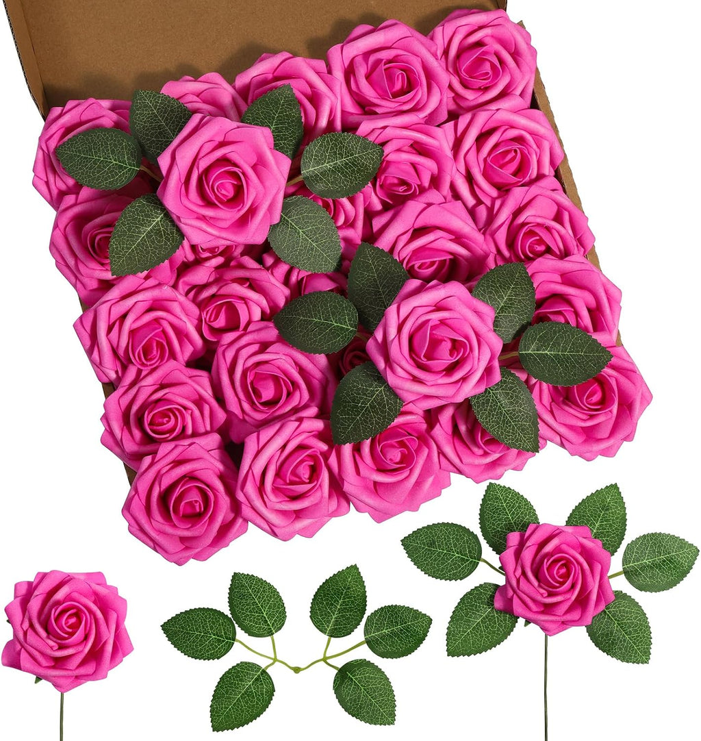DuHouse 25Pcs Artificial Flowers Foam Roses Real Touch with Stems(Hot Pink)