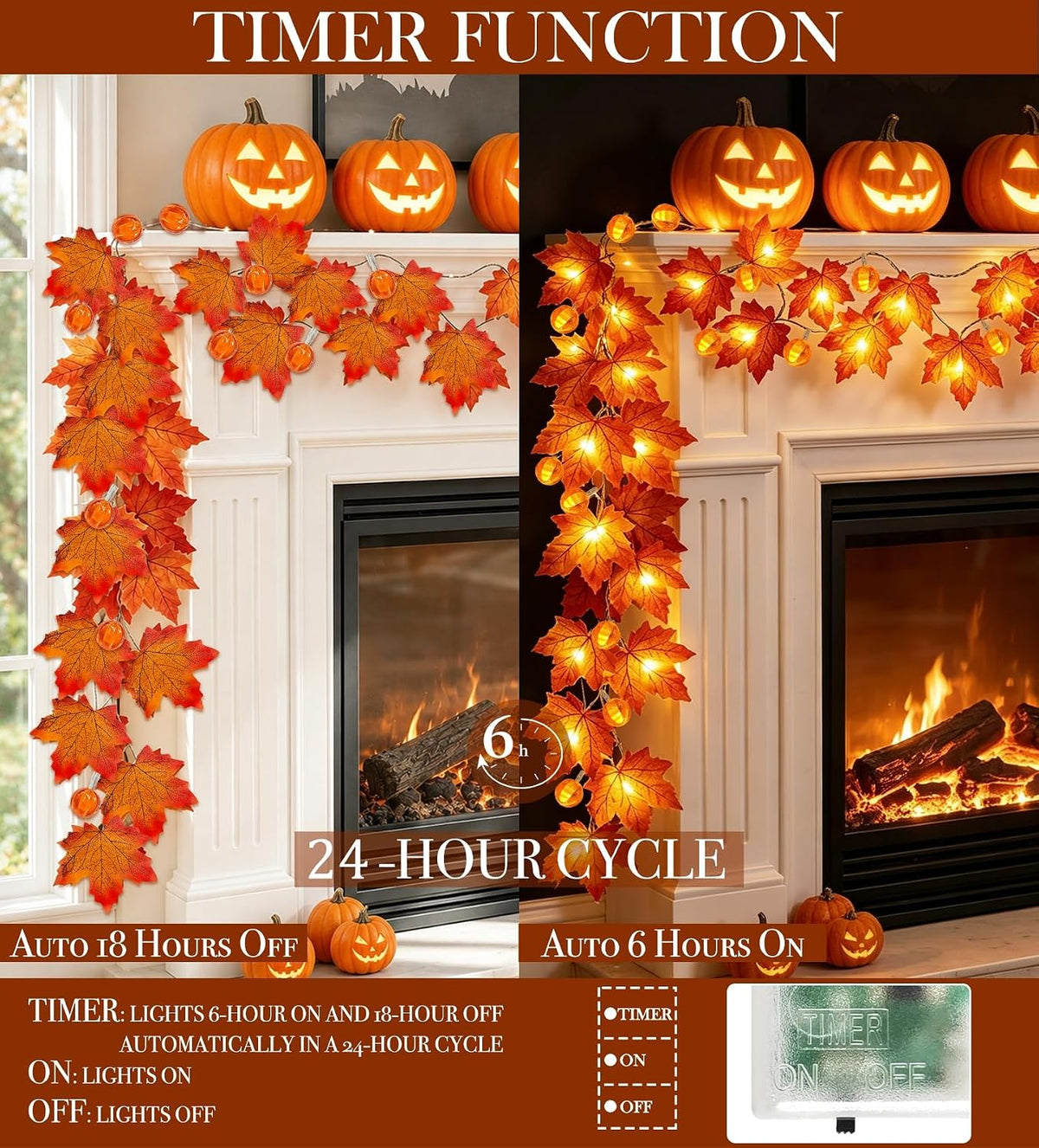 3 Pack Timer Fall Garland with Pumpkin Lights 30Ft 60LED Pumpkin Garland