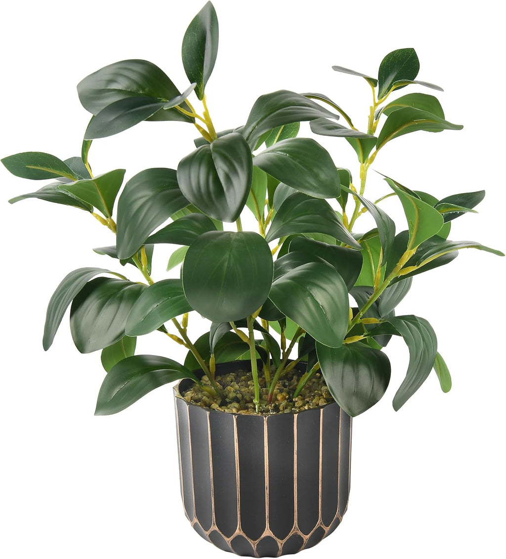 florisso Fake Plants Artificial Plants Indoor, Faux Potted Plants Indoor Artificial Succulents with Fig Leaf Look Real Greenery with Planter for Office Desk Coffee Table Home Decor(Black Gold)