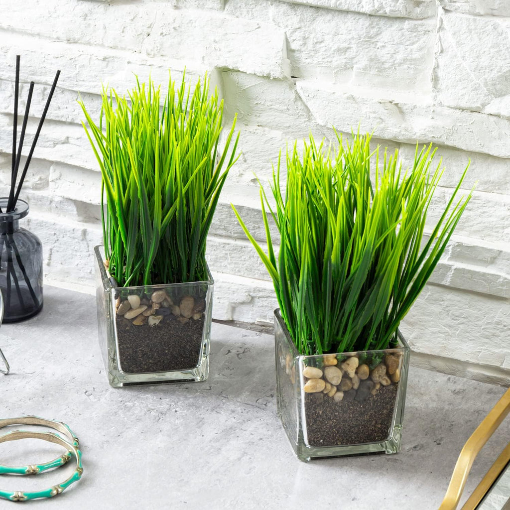 MyGift Set of 2 Artificial Grass Plants in Square Glass Pots with Pebbles