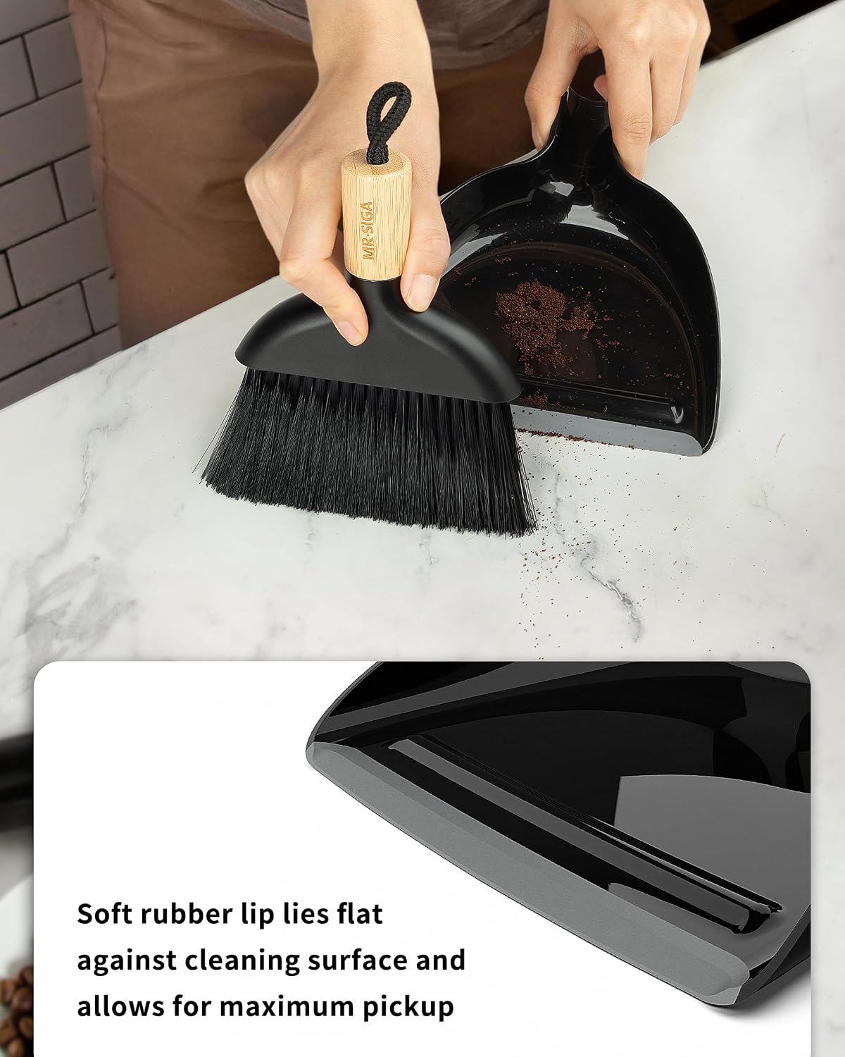 MR.SIGA Mini Dustpan and Brush Set, Bamboo Handle, Black, 1 Set
