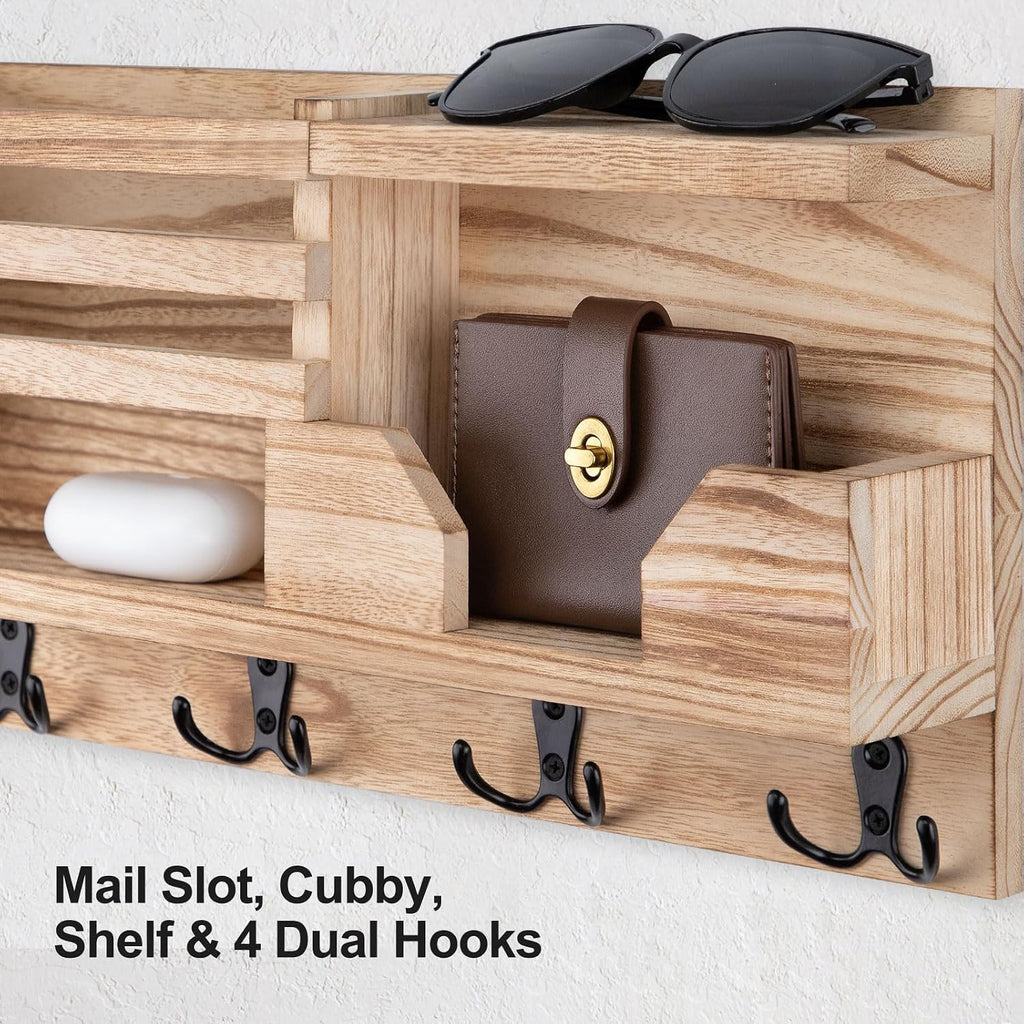 Lwenki Mail and Key Holder for Wall – Decorative 15.9” x 8.7” x 3.2” Entryway Organizer with Shelf – Paulownia Wood with 4 Dual Hooks Includes Mounting Hardware and Installation Guide (Wood)