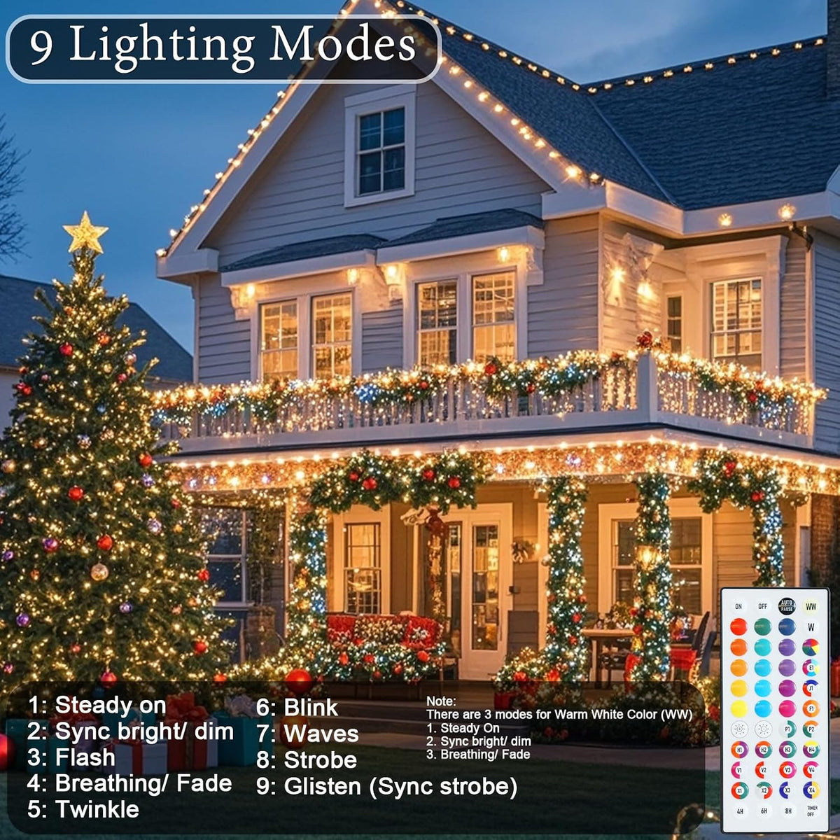 Pooqla 500 LED Color Changing Christmas String Lights with Remote, 164 ft