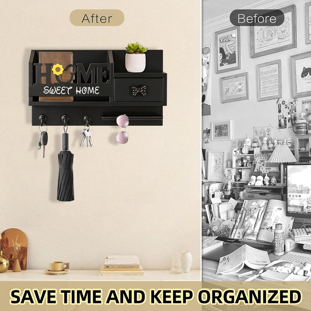Key Holder Wall Mount with 3 Hooks and Storage Drawer, Home Mail Organizer