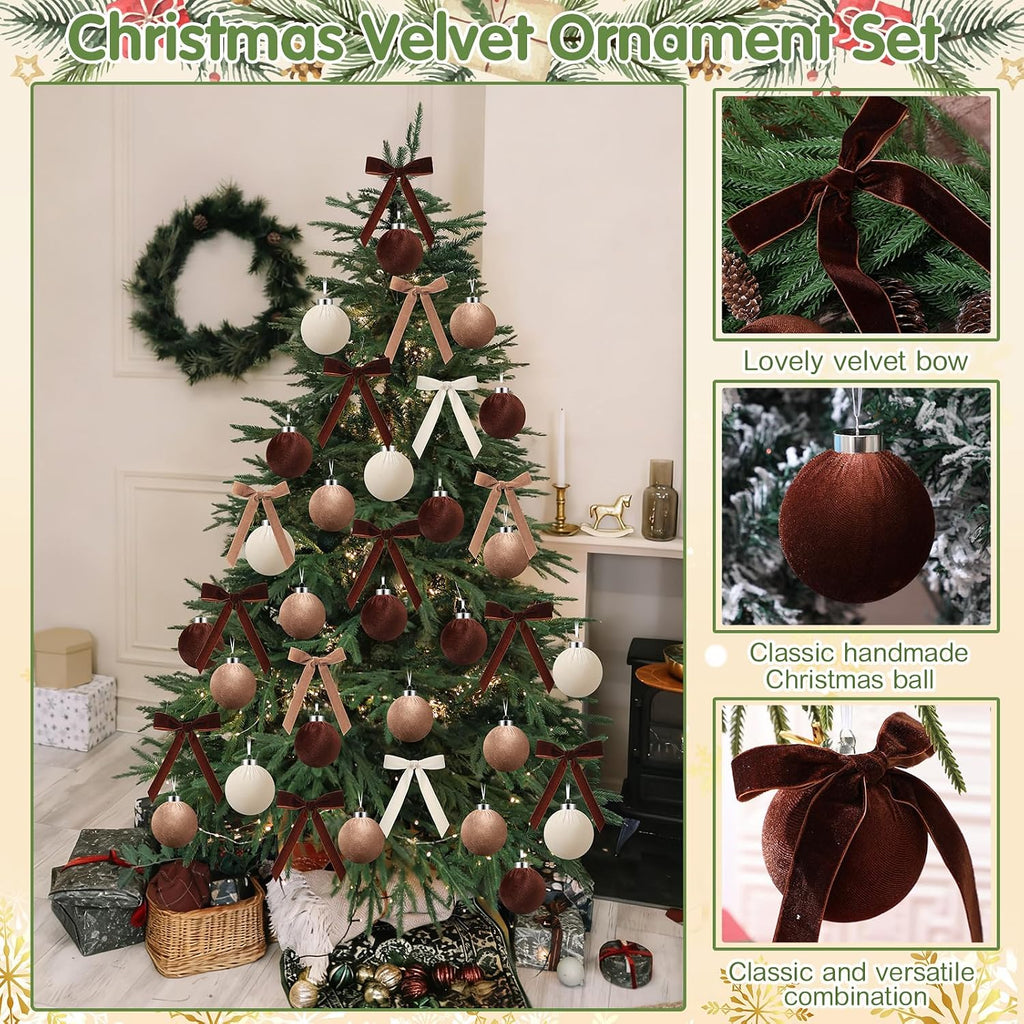 Wettarn 30 Sets Velvet Christmas Ornaments Balls & Bows, Classic Neutrals