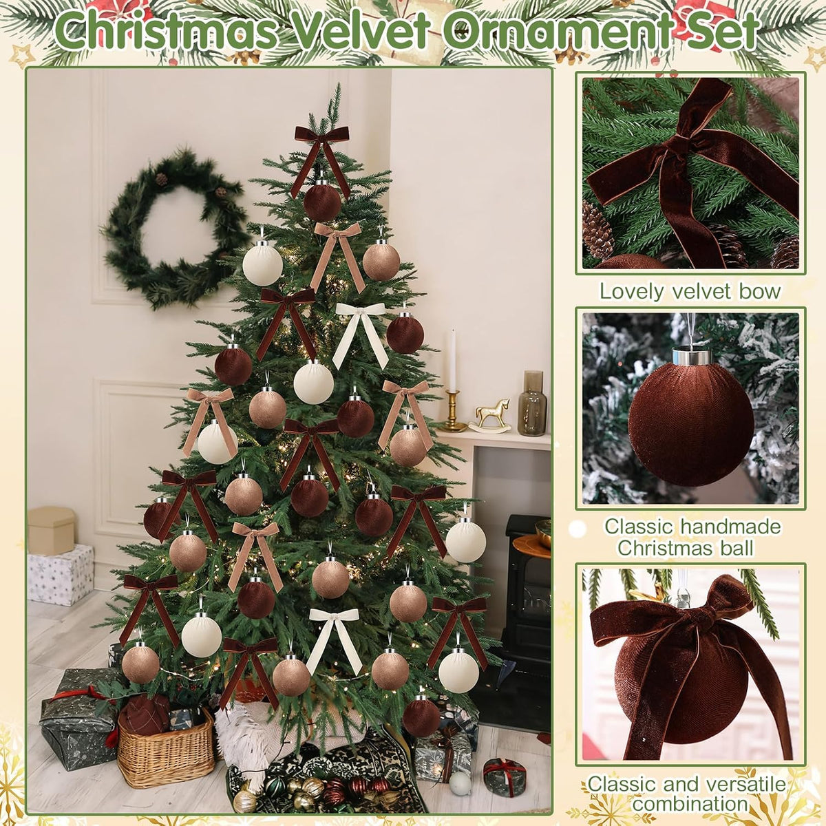 Wettarn 30 Sets Velvet Christmas Ornaments Balls & Bows, Classic Neutrals