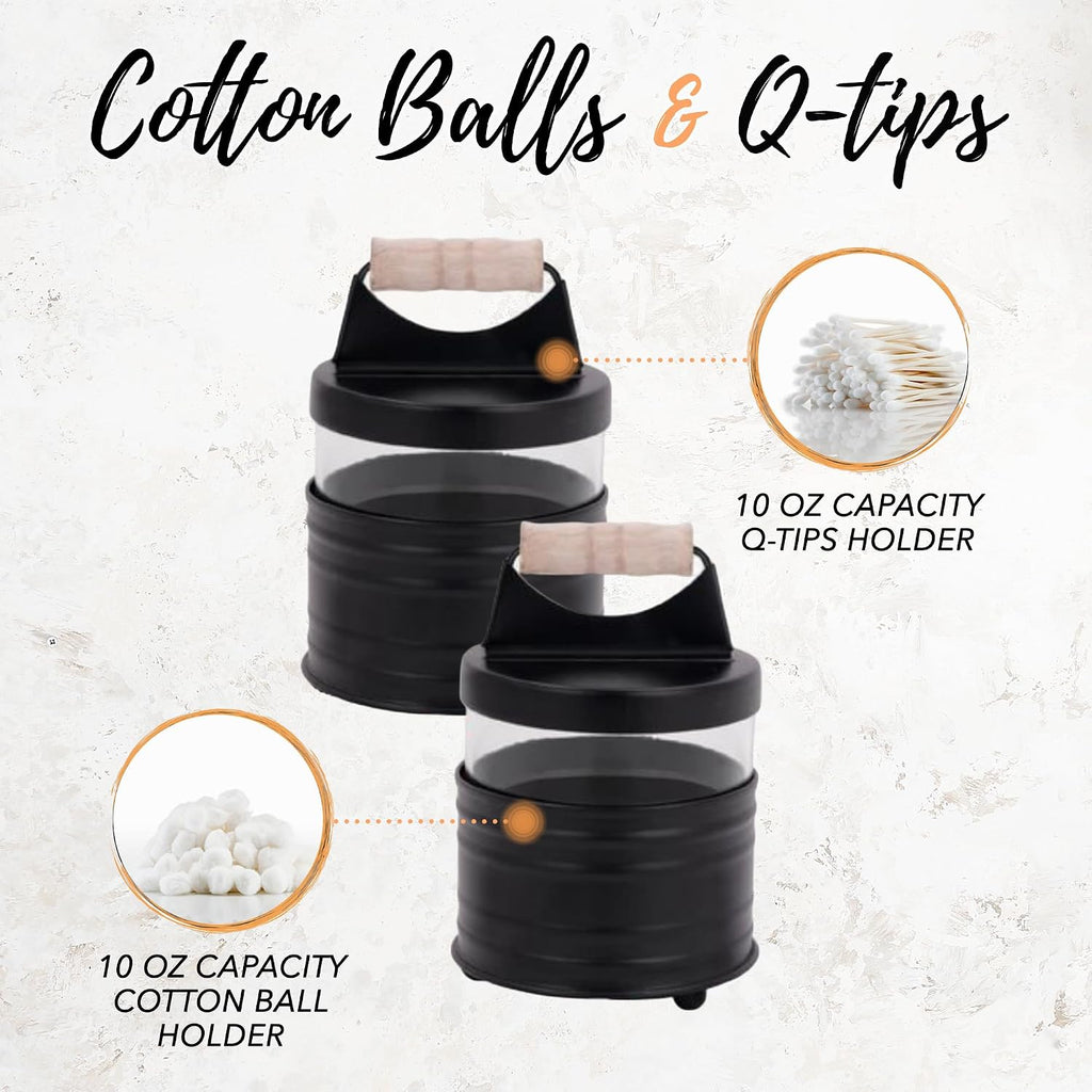 Autumn Alley Deluxe Farmhouse Apothecary Jars Set, Black Bathroom Jars Qtip Holder Glass - Rustic Vanity Organizer for Bathroom Counter, Cotton Balls, Swabs, Rounds, Salts 2-Small Glass with Lids