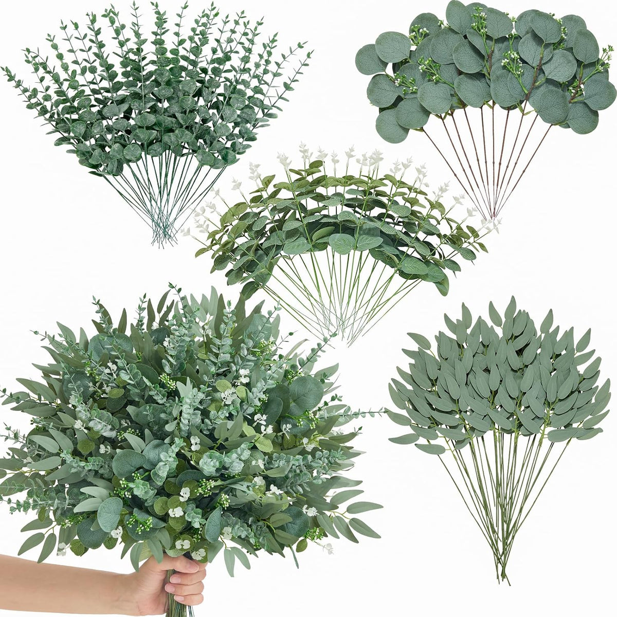 Alecono 100pcs Mixed Eucalyptus Leaves Stems Bulk, 4 Kinds Artificial Greenery Stems Faux Sliver Dollar Fake Greenery for Centerpieces Wedding DIY Bouquets Floral Arrangement Party Decor
