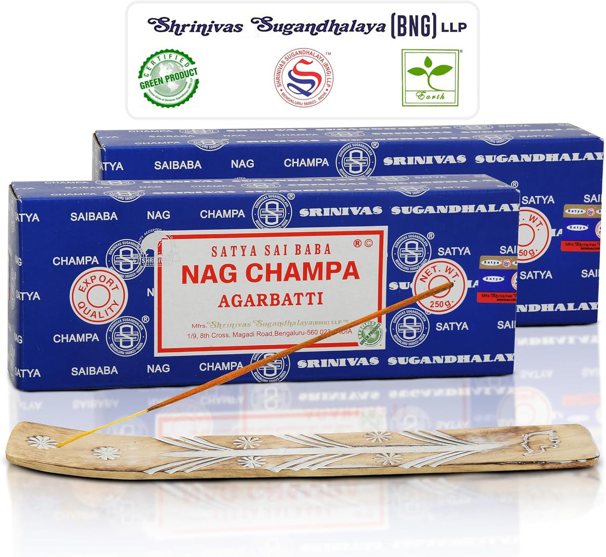 Satya Nagchampa Incense Sticks 250 gmx 2 Pack (500 GMS), Satya BNG (Bangalore) Insenses with Raajsee Incense Holder Bundle, Satya Nagchampa Natural Incense