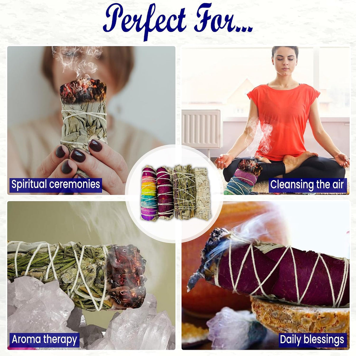Sage Smudge Kit Variety Pack of 4 – California White Sage, Rose, Rosemary Lavender & 7 Chakra Smudge Sticks, Handcrafted Dried Sage Bundles for Meditation, Home Cleansing & House Blessing