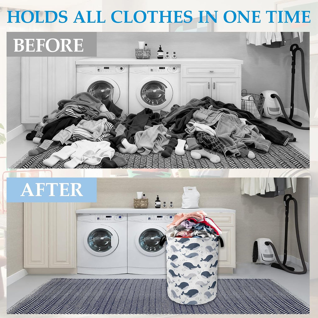 Cartoon Whale Laundry Basket Collapsible Laundry Hamper with Handle, Oxford Clothes Toy Storage Bin for Bathroom Bedroom Room Decor, Gift Basket 16" X 20.8"