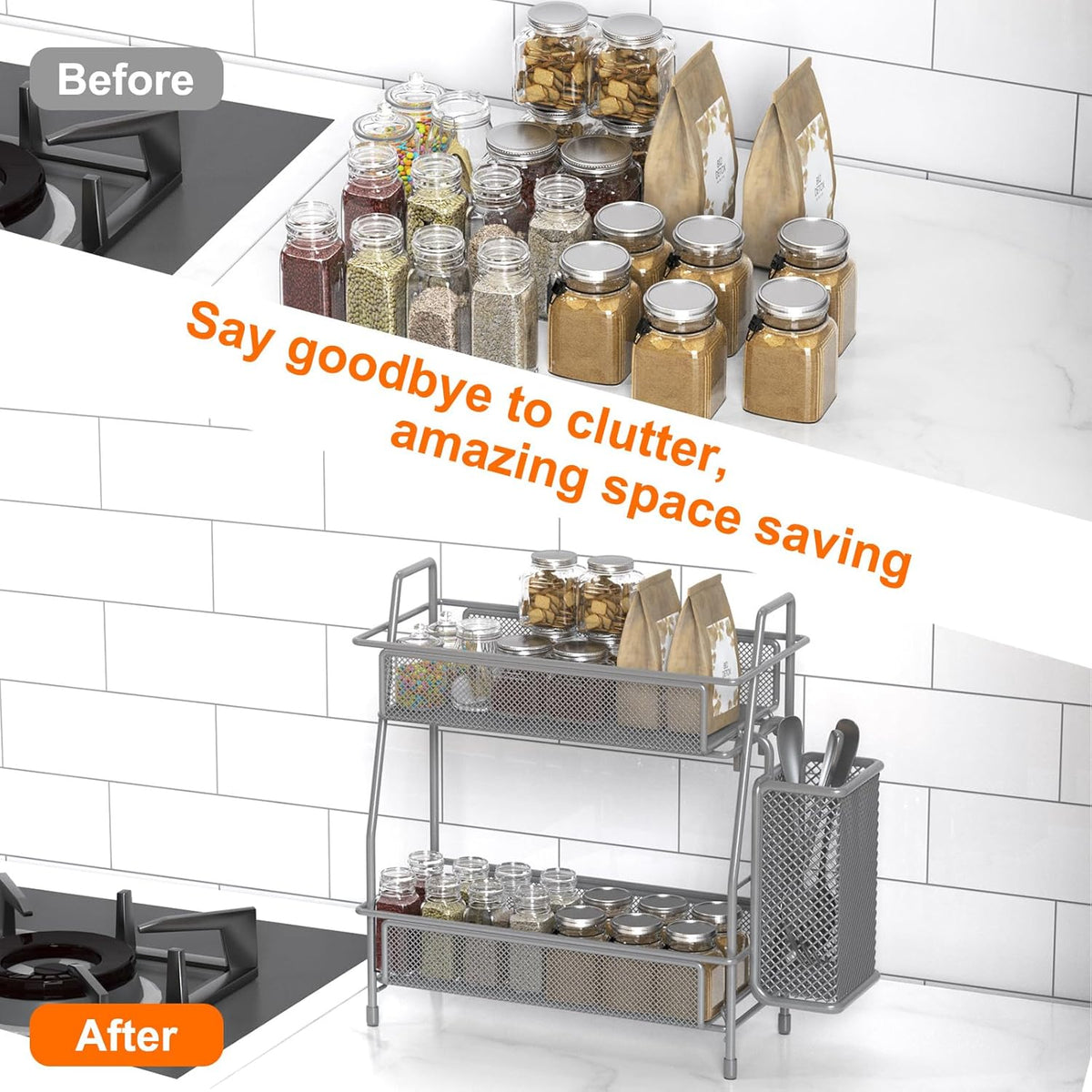 LEMIKKLE Spice Rack Organizer for Kitchen Counter, Spices Organizer and Storage Seasoning Organizer for Cabinet, Kitchen Metal Countertop Organizer with Side Basket (Grey)