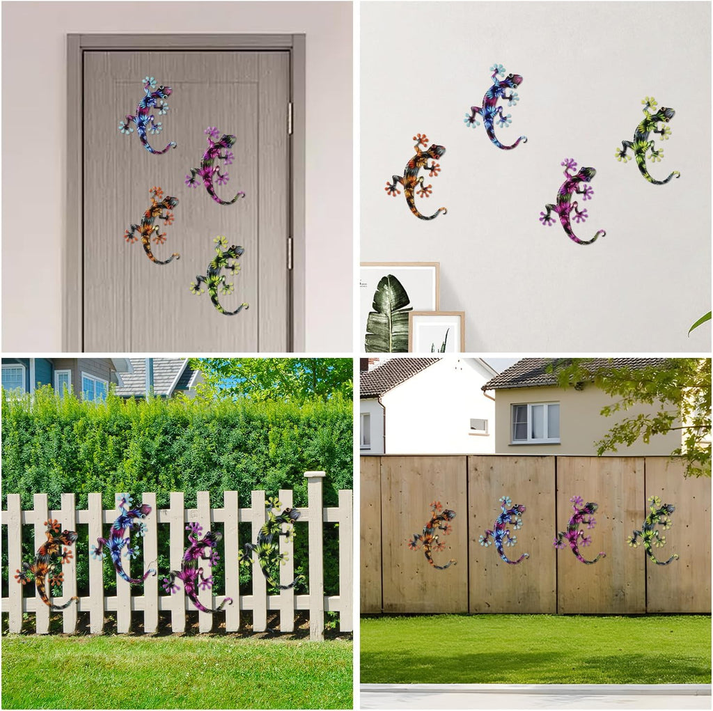 Junware 4 Pcs Metal Gecko Wall Art Outdoor Decor Metal Lizards Wall Decor Lizard 8.7 * 11.8 Inch Suitable for Hanging in Yard Garden Patio Fence Home, Idea Gifts for Mom Father Friends
