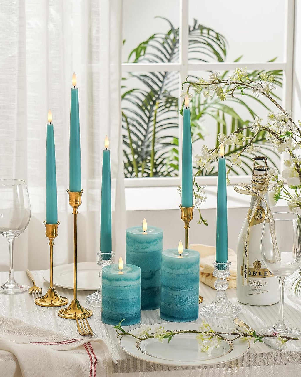 Stmarry Gradient Teal Flameless Candles with Remote and Timer, Real Wax Made LED Pillar Candles Battery Operated with 3D Flickering Flame - 3" x 4", 3" x 5", 3" x 6" - Set of 3 Turquoise Candles