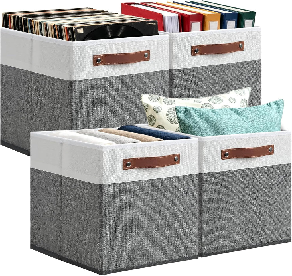 Posprica 13x13x13 Storage Cube Bins, Foldable Fabric Organizer Bins Storage Cubes Baskets Box Drawers for Shelves, Closet, Wardrobe, Bookshelf, 4 Pack, White/Gray