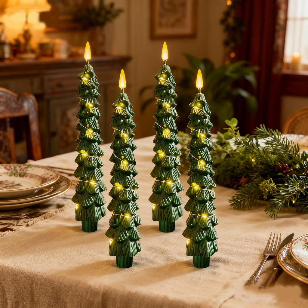 Christmas Tree Candles with Warm String Lights, LED Taper Candles with Remote Timer, Battery Operated Candle, 3D Flickering Christmas Flameless Candlesticks for Home Party Decorations (1pcs)
