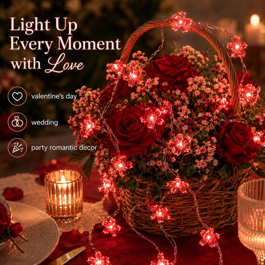30 LED Red Flower Fairy Lights, Battery/USB Operated, Romantic Floral Decor