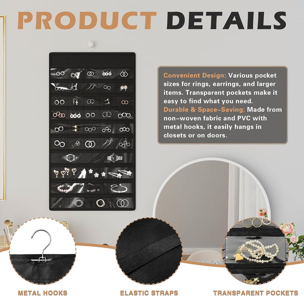 Hanging Jewelry Organizer, Double-Sided Necklaces Holder, Black