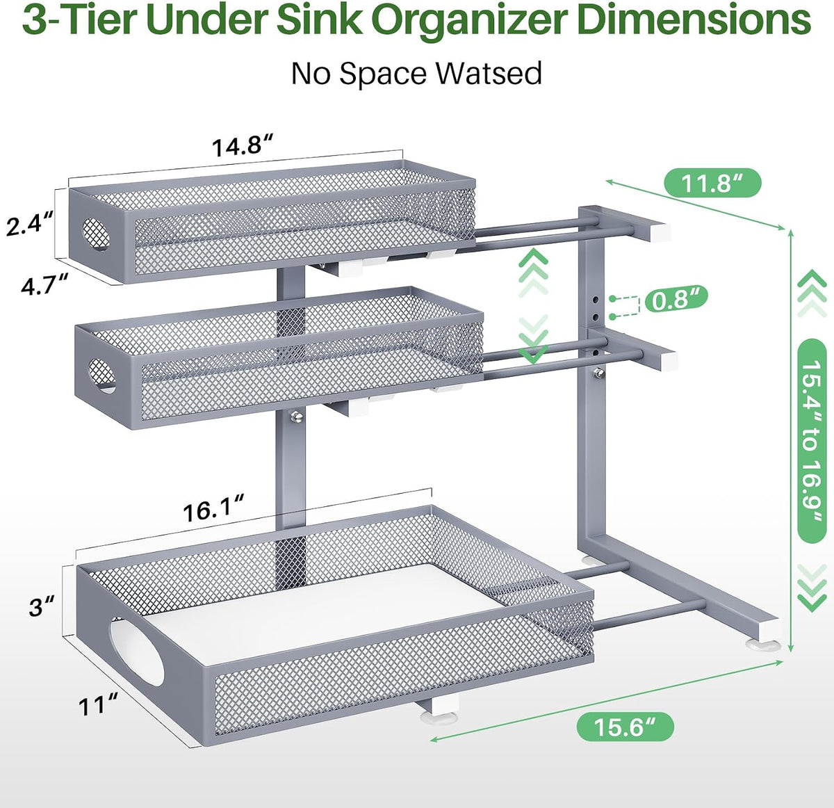 Kitstorack Under Sink Organizer 3-Tier Slide Out Drawer 1-Pack Grey