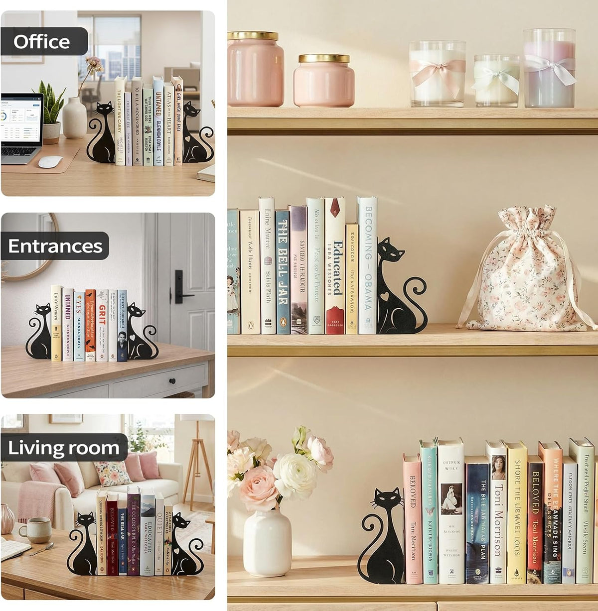 ENCIMART Atomic Cat Bookends for Shelves, Black Metal Decorative Book Ends