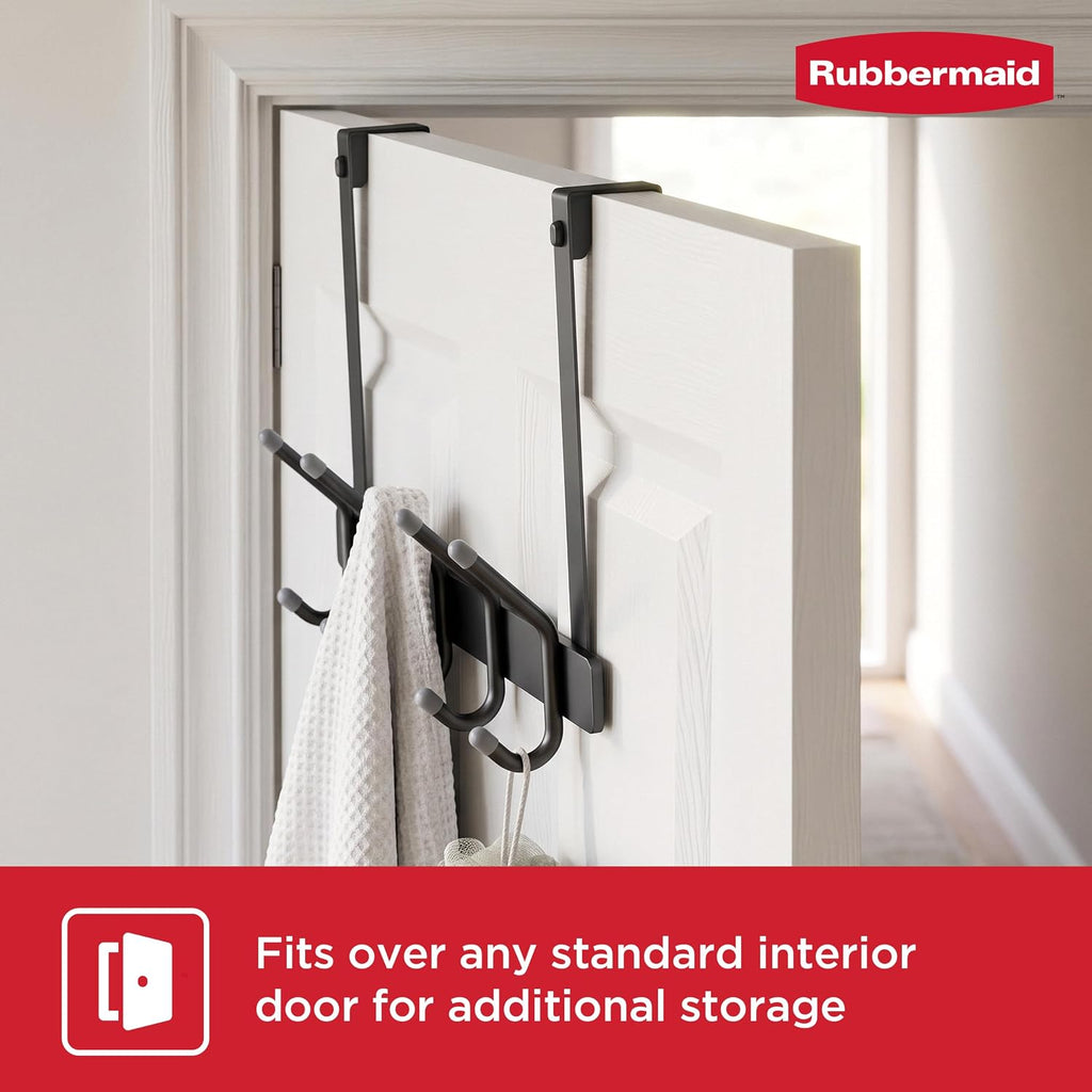 Rubbermaid Over the Door Hook Rack with 5 Double Hooks, No Drill Needed, for Towels, Robes, Hanging Accessories in Bathroom, Bedroom, Closet, Dorm, Gray