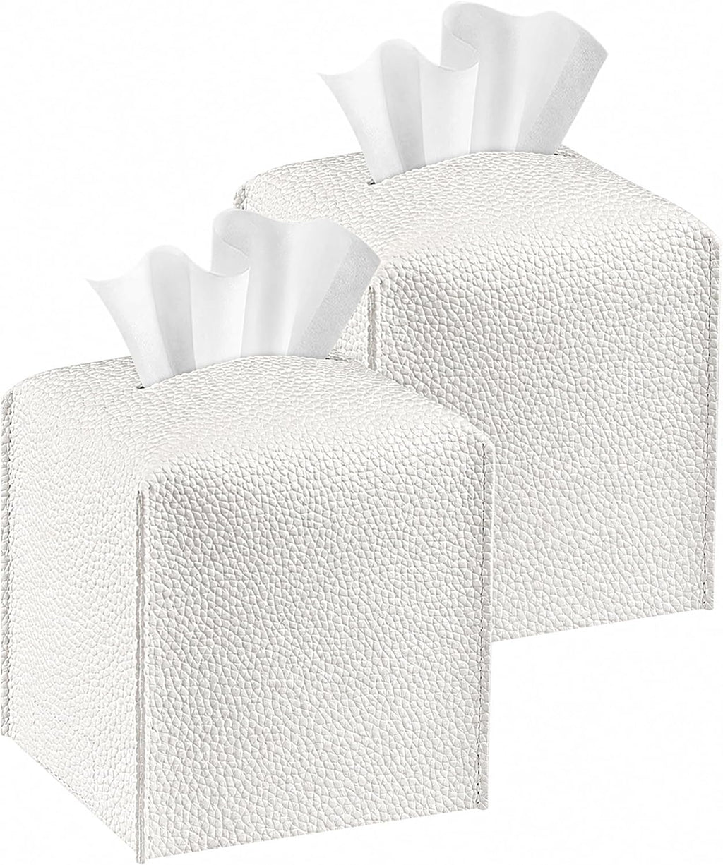 Square Tissue Box Cover PU Leather Tissue Holder for Bathroom, Cube Décorative Organizer, Tissue Paper Dispenser for Bathroom, Kitchen, Bedroom, Office, Tabletop (2, White)