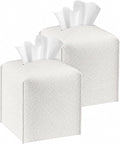Square Tissue Box Cover PU Leather Tissue Holder for Bathroom, Cube Décorative Organizer, Tissue Paper Dispenser for Bathroom, Kitchen, Bedroom, Office, Tabletop (2, White)