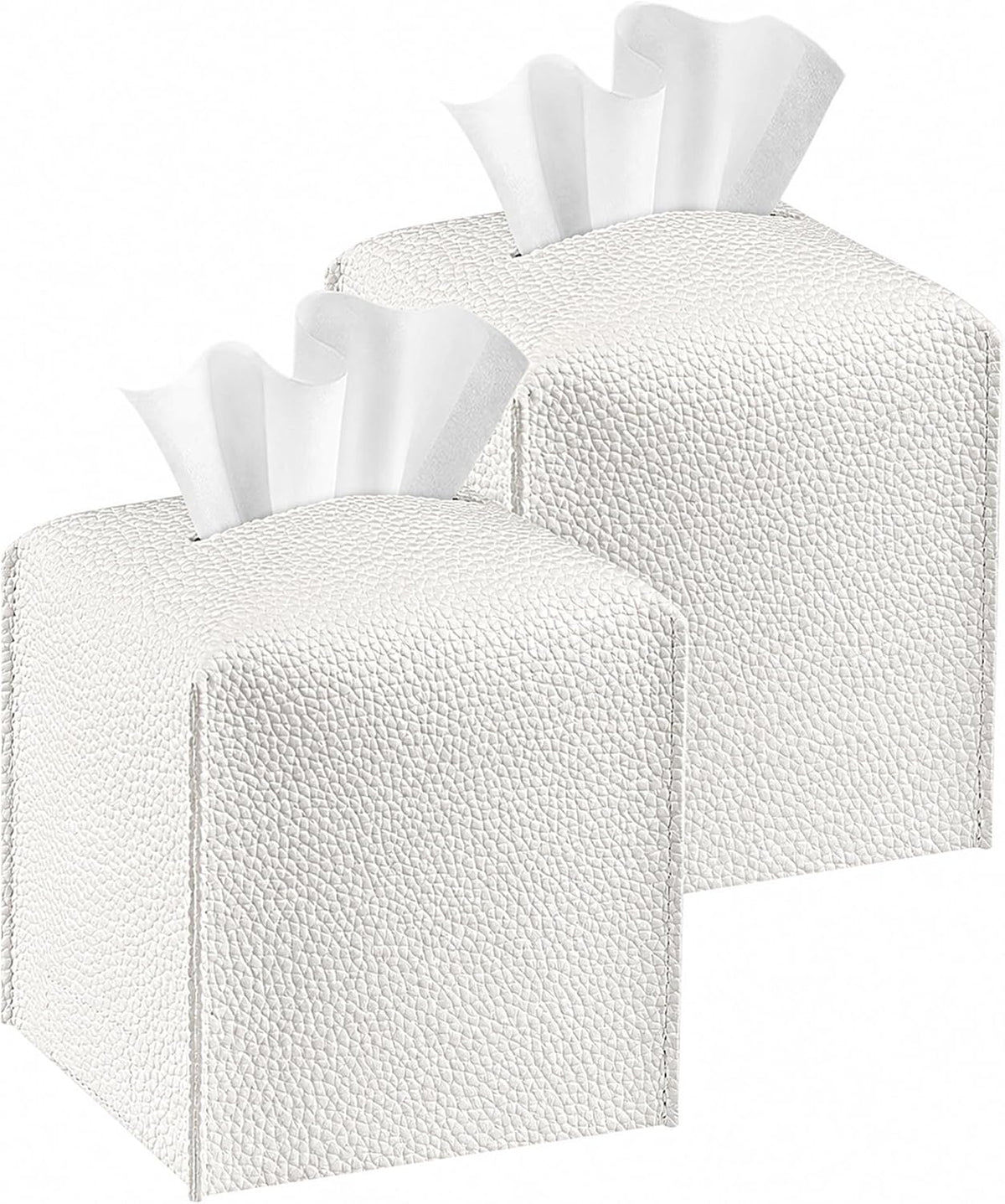 Square Tissue Box Cover PU Leather Tissue Holder for Bathroom, Cube Décorative Organizer, Tissue Paper Dispenser for Bathroom, Kitchen, Bedroom, Office, Tabletop (2, White)