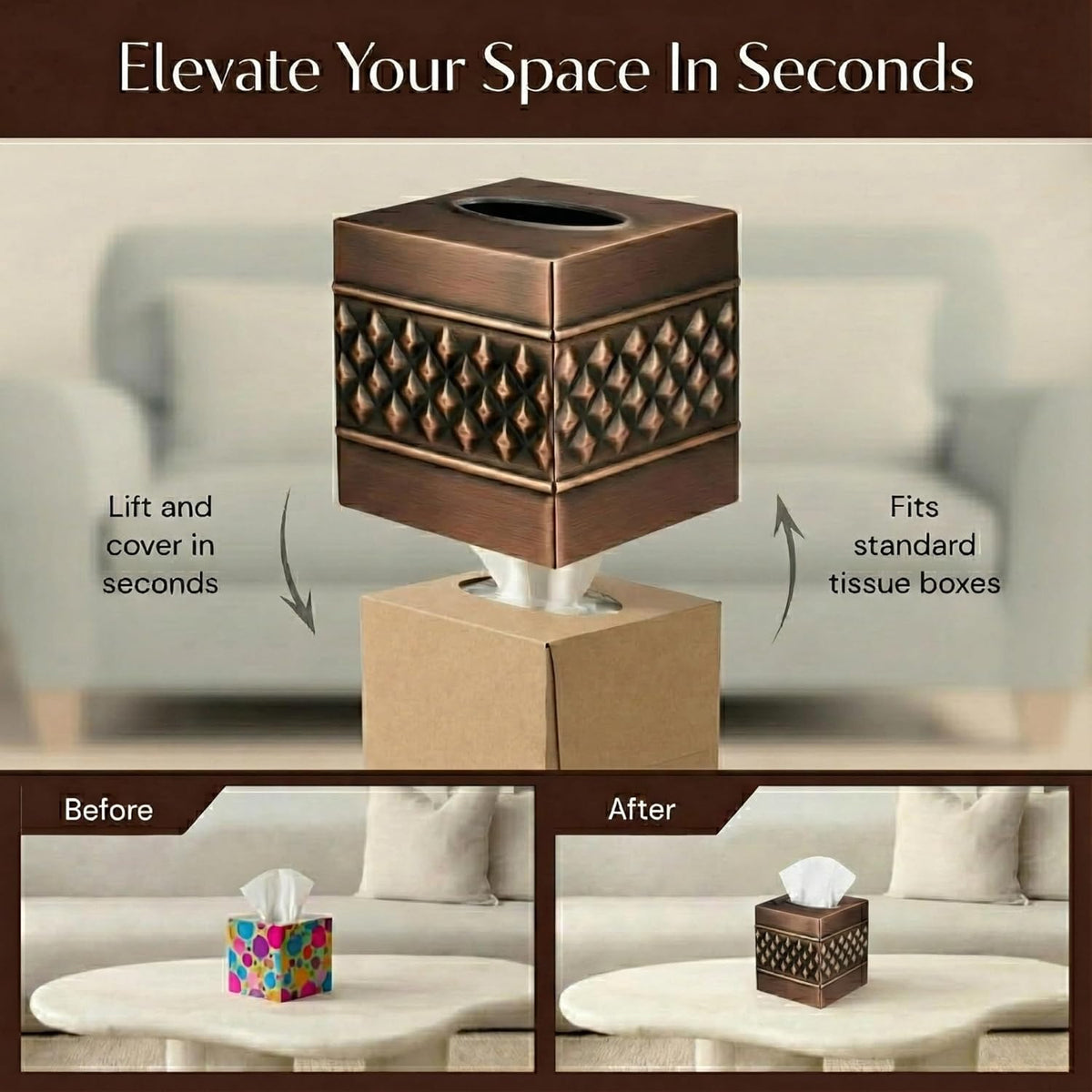 Monarch Abode Tissue Box Cover Square – Handcrafted Geo Embossed Antique Copper Finish Metal Tissue Holder Box for Bathroom Accessory, Aesthetic Decorative Facial Napkin Cube for Modern Home Décor
