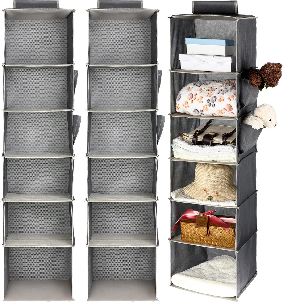 3 Pack Hanging Closet Organizers and Storage, 6 Shelf Hanging Clothing Shelves Collapsible Clothes Closet Organizer Storage Fabric Shelves with Side Pockets