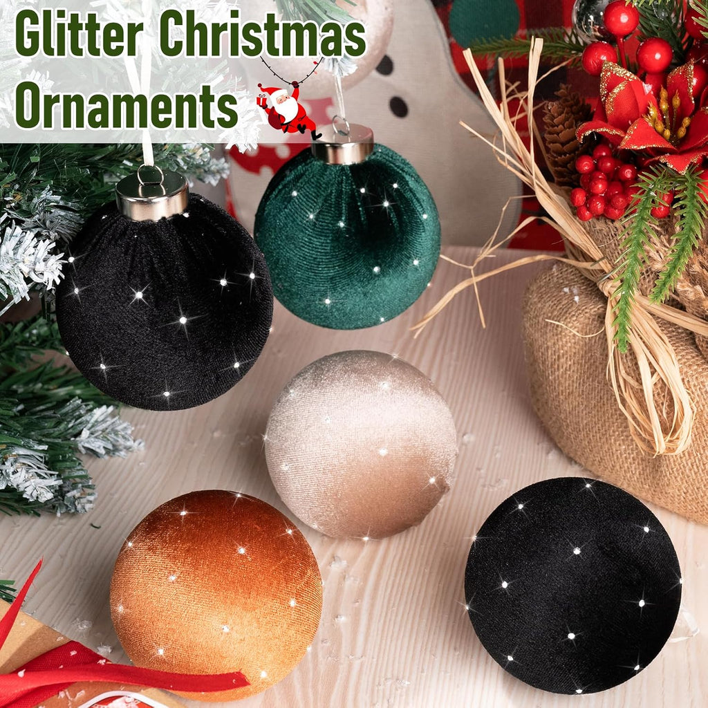 TonJin Christmas Tree Ornaments Velvet Balls 12 Pack, 3.15"/80mm Glitter Shatterproof Hanging Flocked Large Xmas Bulbs Decorations, Lightweight,Green Orange Black Neutral, Holiday Party Home Decor