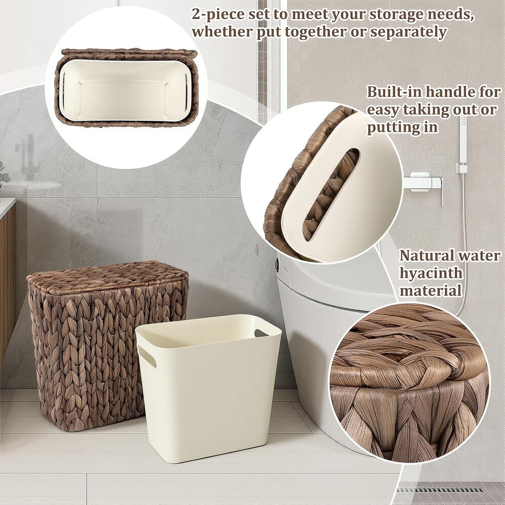 Wicker Trash Can with Lid and Liner, Handwoven Wicker Waste Basket, Water Hyacinth Bathroom Trash Can, Boho Rattan Garbage Wastebasket for Bedroom Home Living Room Office, 2.5 Gallon, Espresso