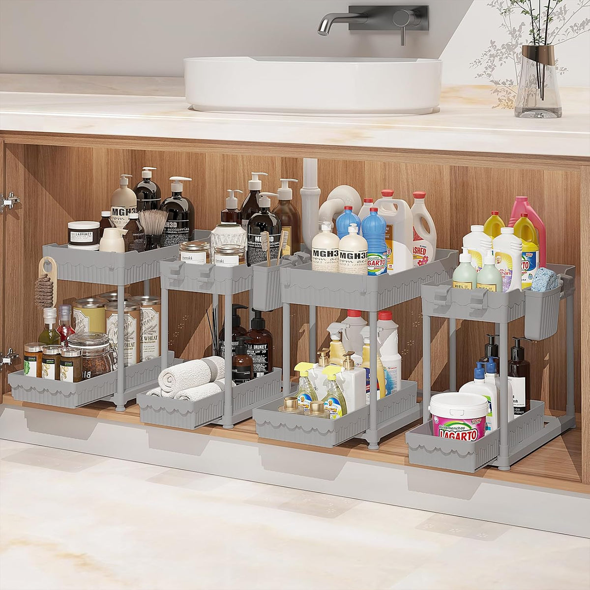 Sevenblue 4-Pack 2-Tier Under Sink Organizer with Pull Out Drawers