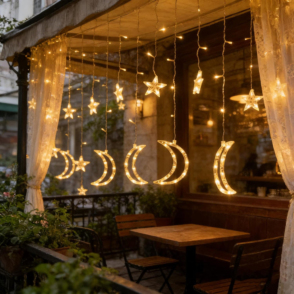 Dazzle Bright Ramadan Curtain String Lights, 138 LED 8.2 FT Warm White Star Moon Window Lights with Timer and 8 Lighting Modes, Waterproof Ramadan Decorations for Bedroom Wall Wedding Outdoor Party