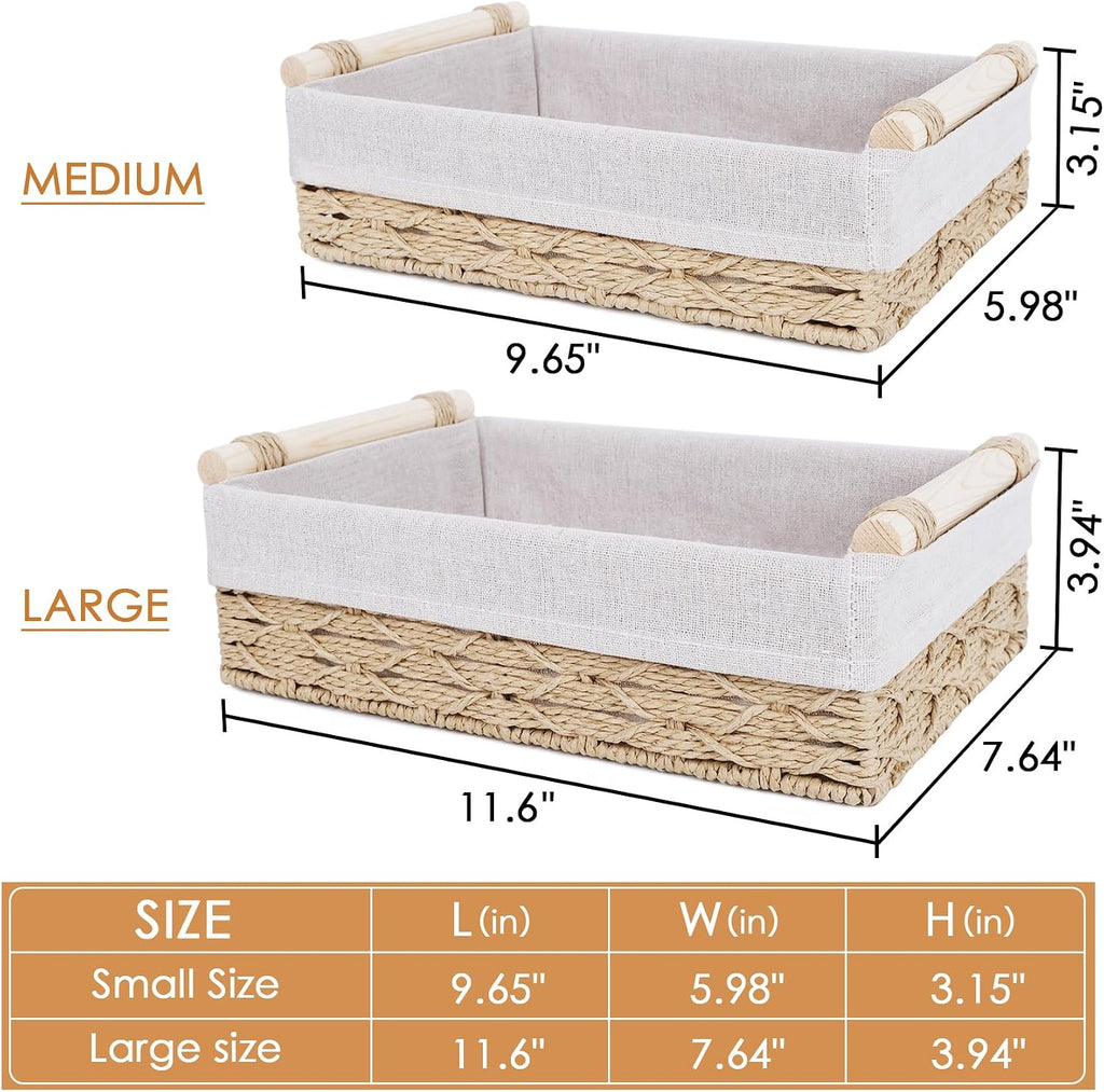 Wicker Storage Basket with Wooden Handle – Paper Rope Decorative Toilet Paper Baskets & Bathroom Organizer for Toilet Tank Top, Shelves, Bedroom, Countertop,Home,Office Storage Bins, 2 Pack,Beige