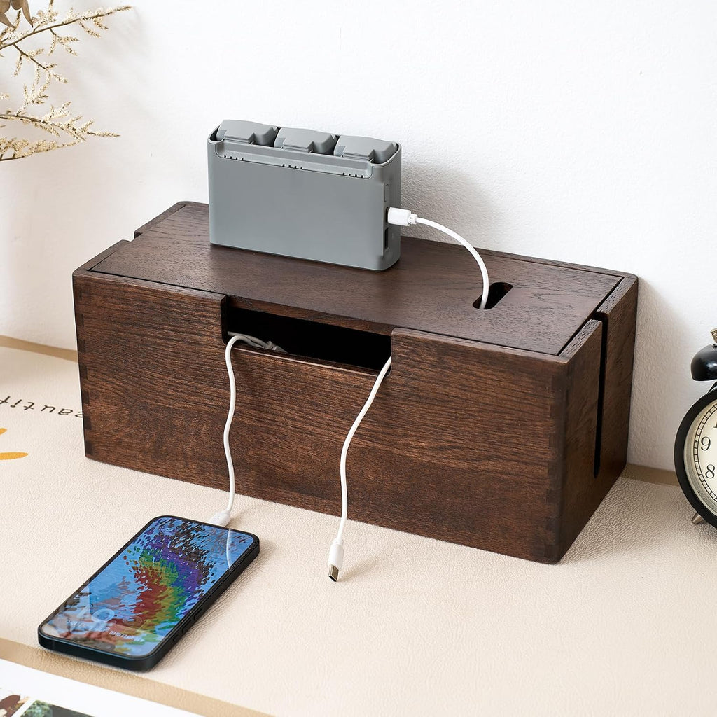 Oak Wood Cable Management Box - Large Cord Hider & Organizer with Magnetic Lid for Desk & Floor Cables in Home Office, Living Room, Bedroom (Walnut)