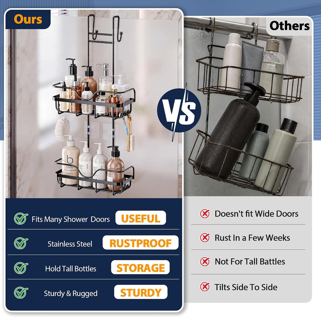 Skyapex Over the Door Shower Caddy Hanging: Black Rustproof Bathroom Organizer Over Glass with Hooks