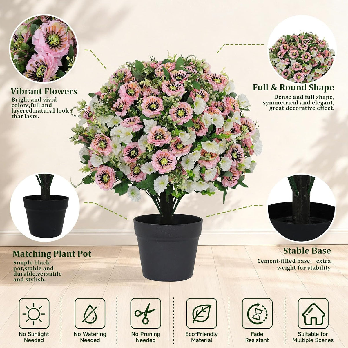24" Artificial Flowers Topiary Ball Trees, Faux Outdoor Plants