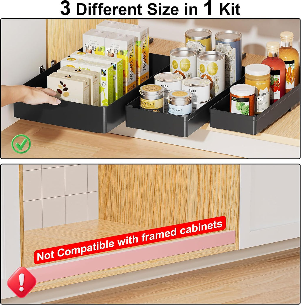 Delamu 3 Pack Pull Out Cabinet Organizer, 15.7" Deep Pull Out Drawers for Cabinets, Slide Out Drawers for Kitchen Cabinets, Bathroom Cabinet Organizer, Pantry (Black)