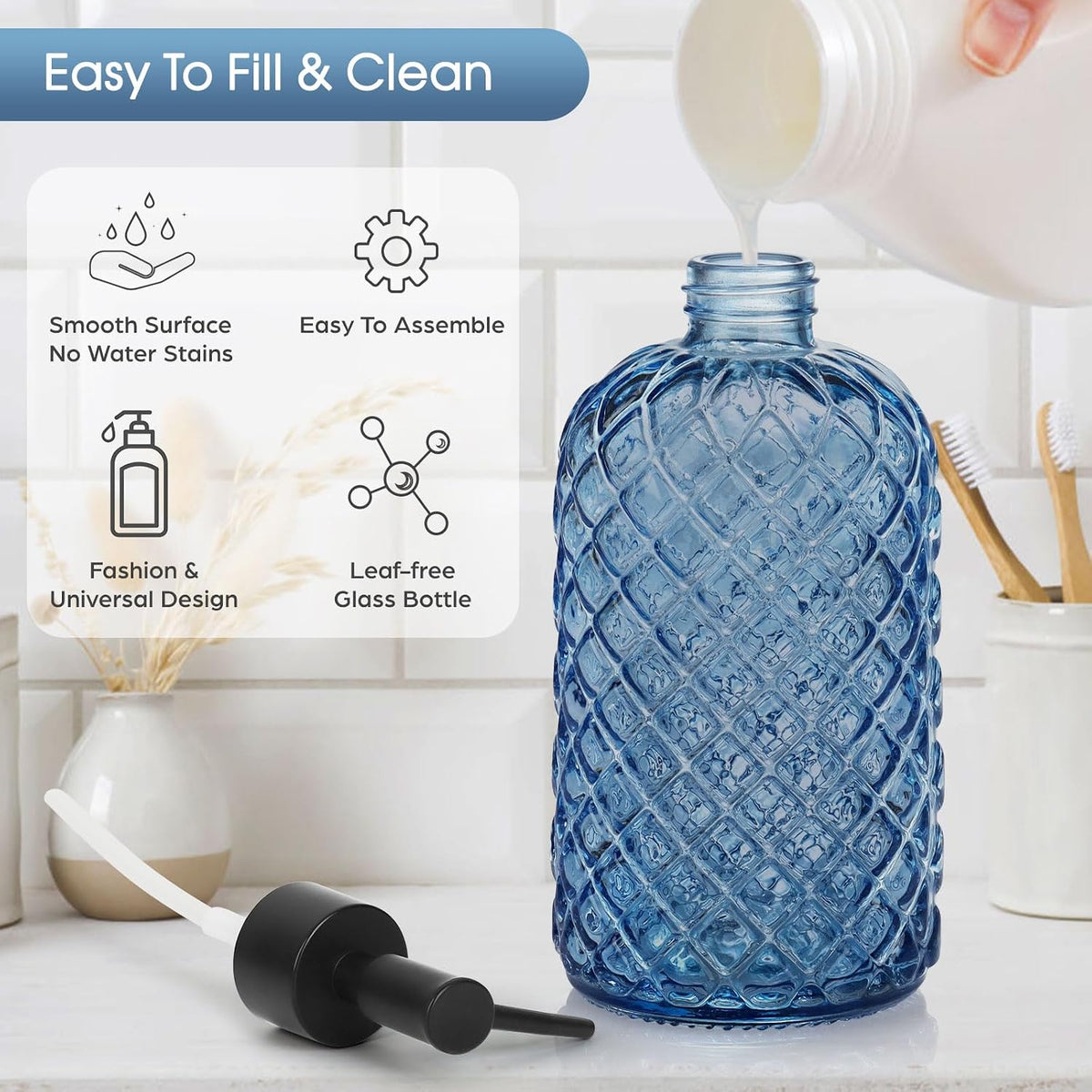 Topsky Gem Glass Soap Dispenser with Black Plastic Pump, 13oz Liquid Hand Soap Dispenser, Rustproof Pump for Kitchen & Bathroom, Great for Lotions, Essential Oil, Liquid Soaps-Blue