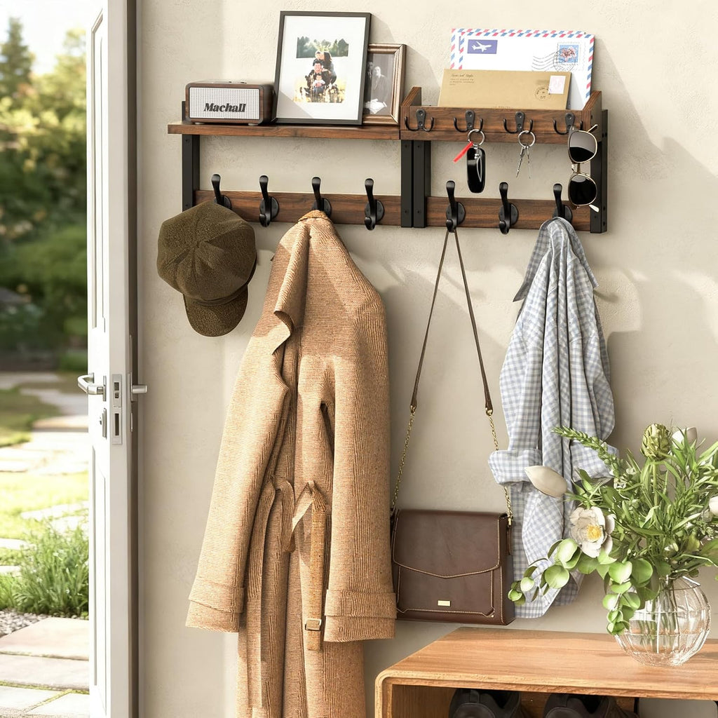 29'' Rustic Coat Rack Wall Mount with Shelf, Solid Wood Coat and Key Hanger with 11 Metal Hooks, Farmhouse Wall Organizer for Mail, Entryway Wall Hangers for Hats, Clothes, Backpacks, Mudroom
