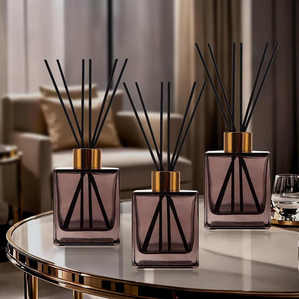 6 Pack Perfume Reed Diffuser Bottle,Empty Square Essential Oil Bottles Glass Jar with Black Sticks for DIY Fragrance Replacement Diffuser Sets (200ml/6.8 oz, Brown Color)