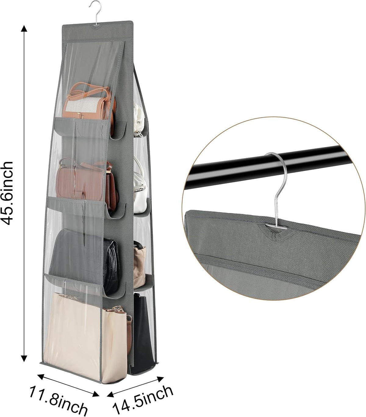 8-Pocket Hanging Handbag Purse Organizer for Closet, Grey