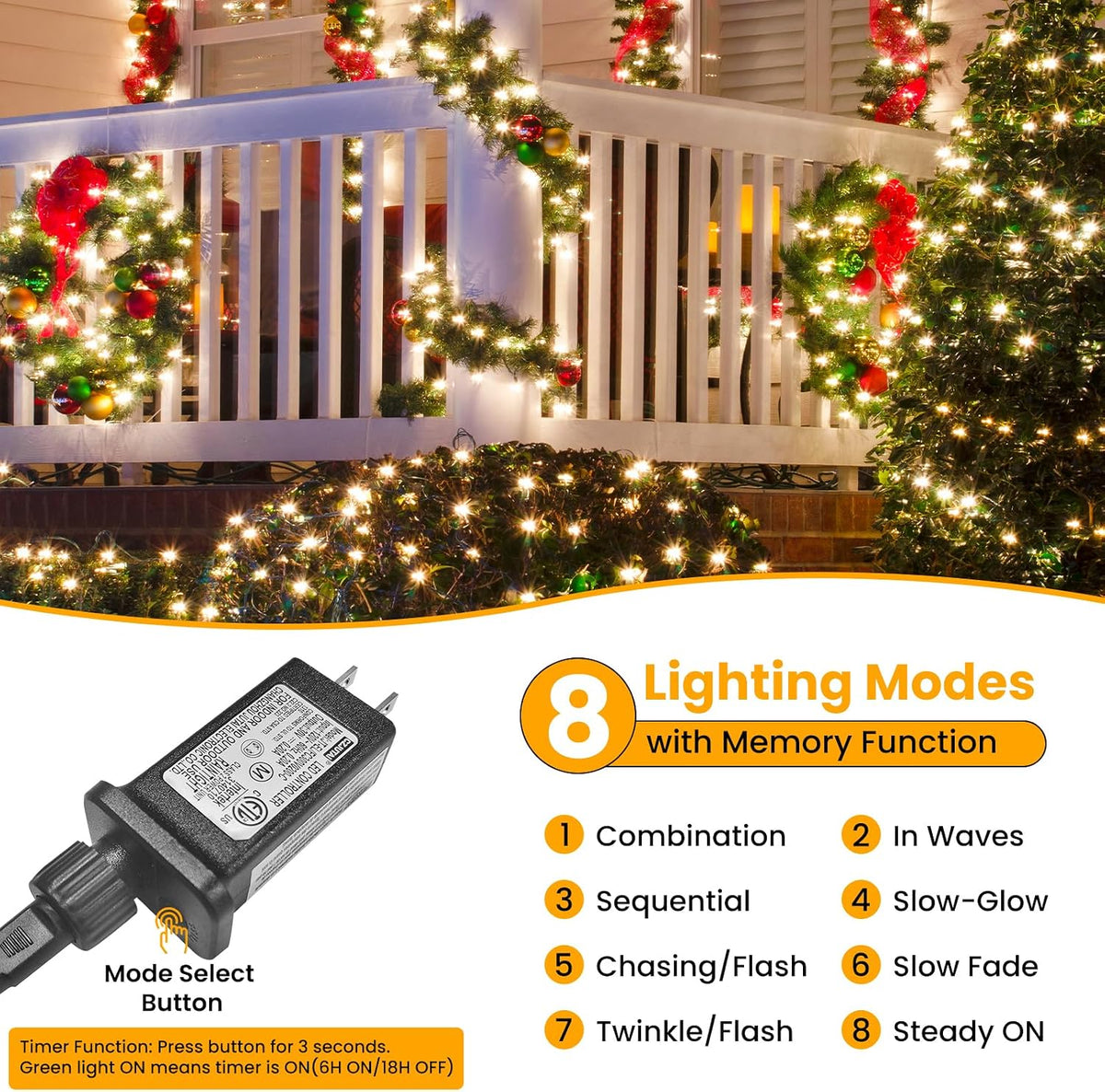 JTSIOV Christmas Tree Lights, 65FT/20M 200 LED Christmas Lights Plug in, 8 Modes Waterproof Outdoor Lights Indoor, Memory Function, Connectable String Lights for Party, Patio, Wedding (Warm White)