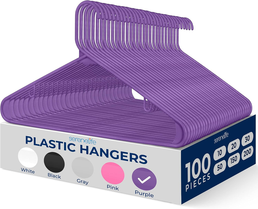 SereneLife 100 Pack Plastic Hangers | Organize Shirts, Dresses, Coats & Pants with Ease | Non-Slip, Lightweight, Ultra-Thin 0.24-Inch Profile, 5.5 Lbs Capacity, Space-Saving Design | Purple