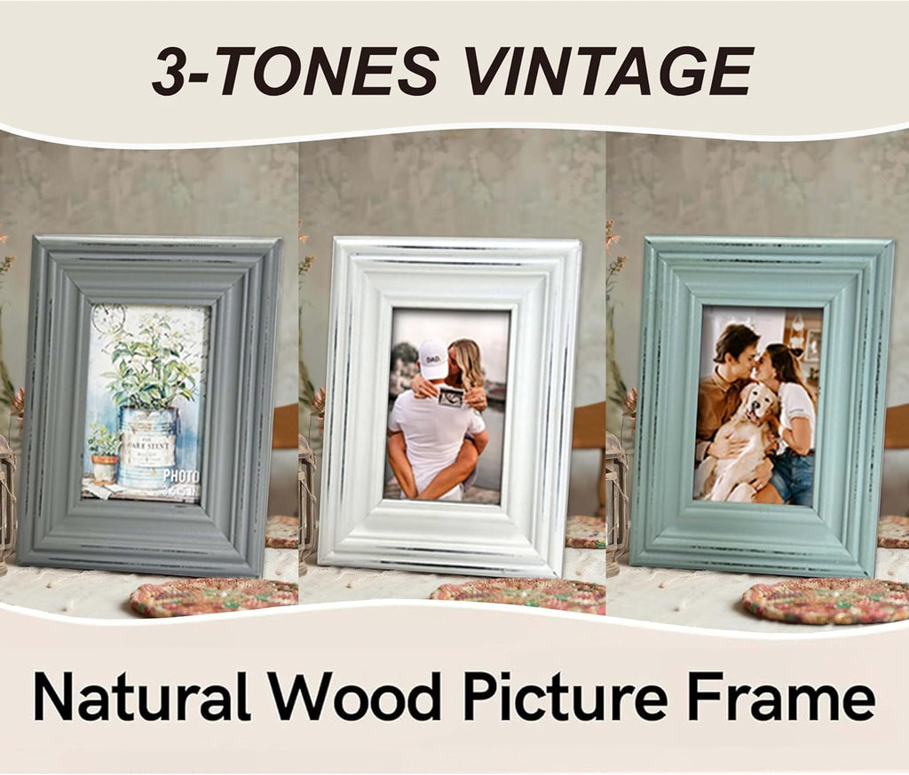 Distressed Shabby Chic 3.5"x5" Wooden Picture Frames 3pcs (Aqua Gray White)