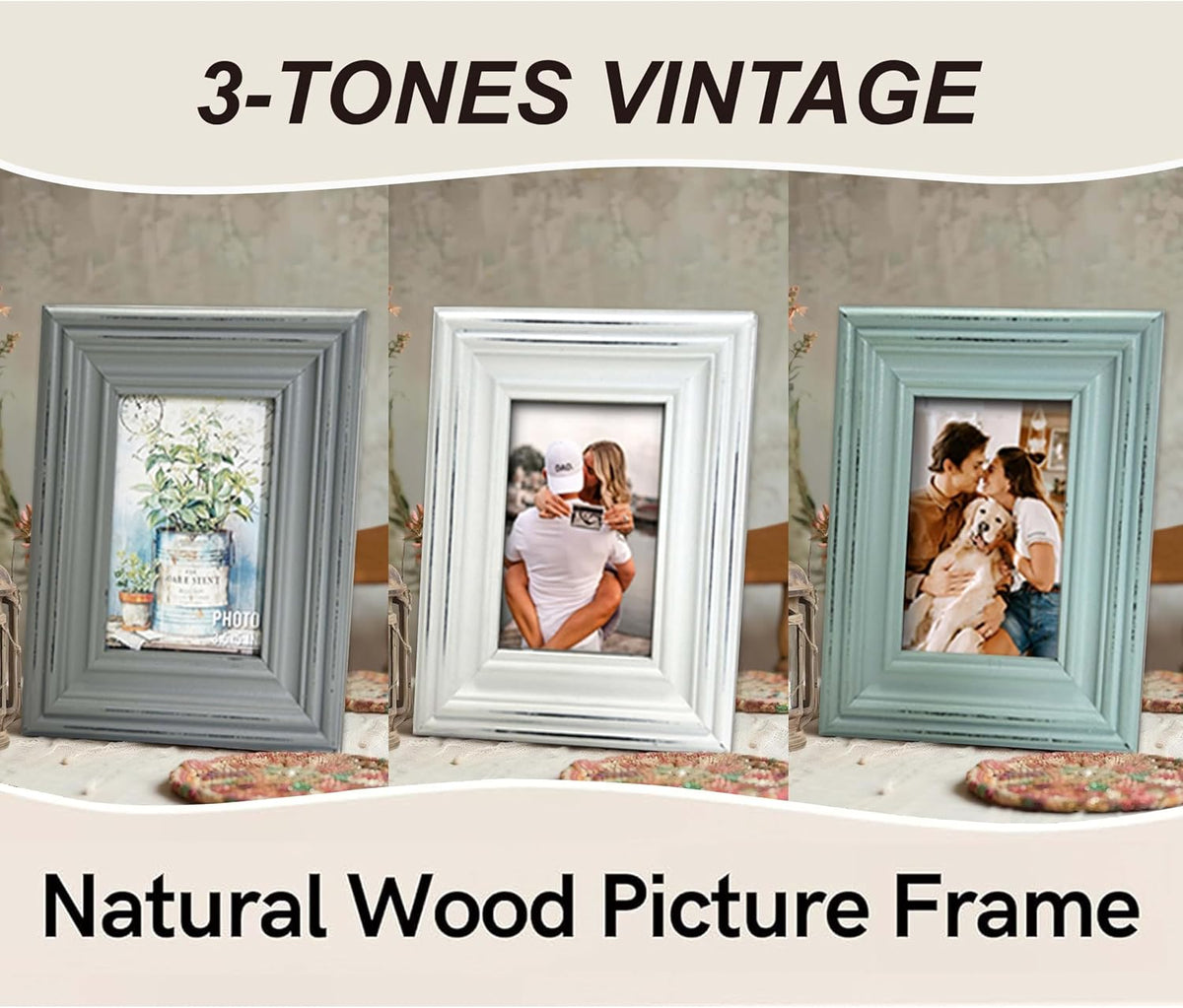Distressed Shabby Chic 3.5"x5" Wooden Picture Frames 3pcs (Aqua Gray White)