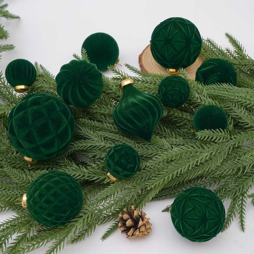 46PCS Velvet Christmas Ball Ornaments Set, Flocked Shatterproof Xmas Tree Decor, Assorted Hanging Ornaments with Loop for Holiday Home Decor, Christmas Tree, Mantel, Party Decoration (Dark Green)