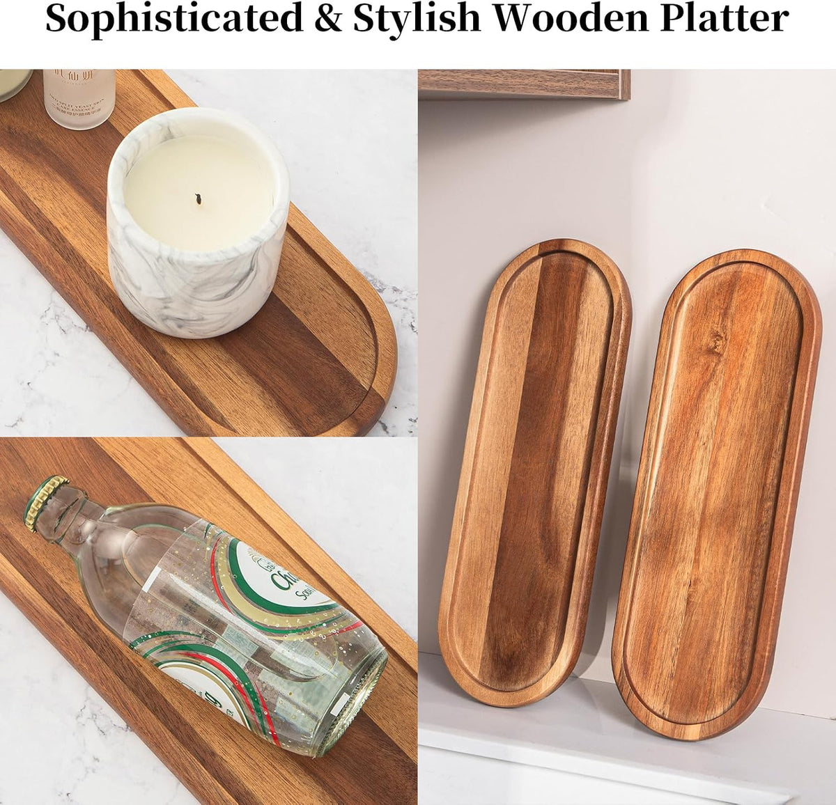 Wooden Bathroom Trays Countertop - Wooden Trays for Decor, Countertop and Vanity Tray, Dish Soap Trays for Kitchen Counter, Sink Organizer Accessories Caddy, Toilet Laundry Shower Makeup Holder
